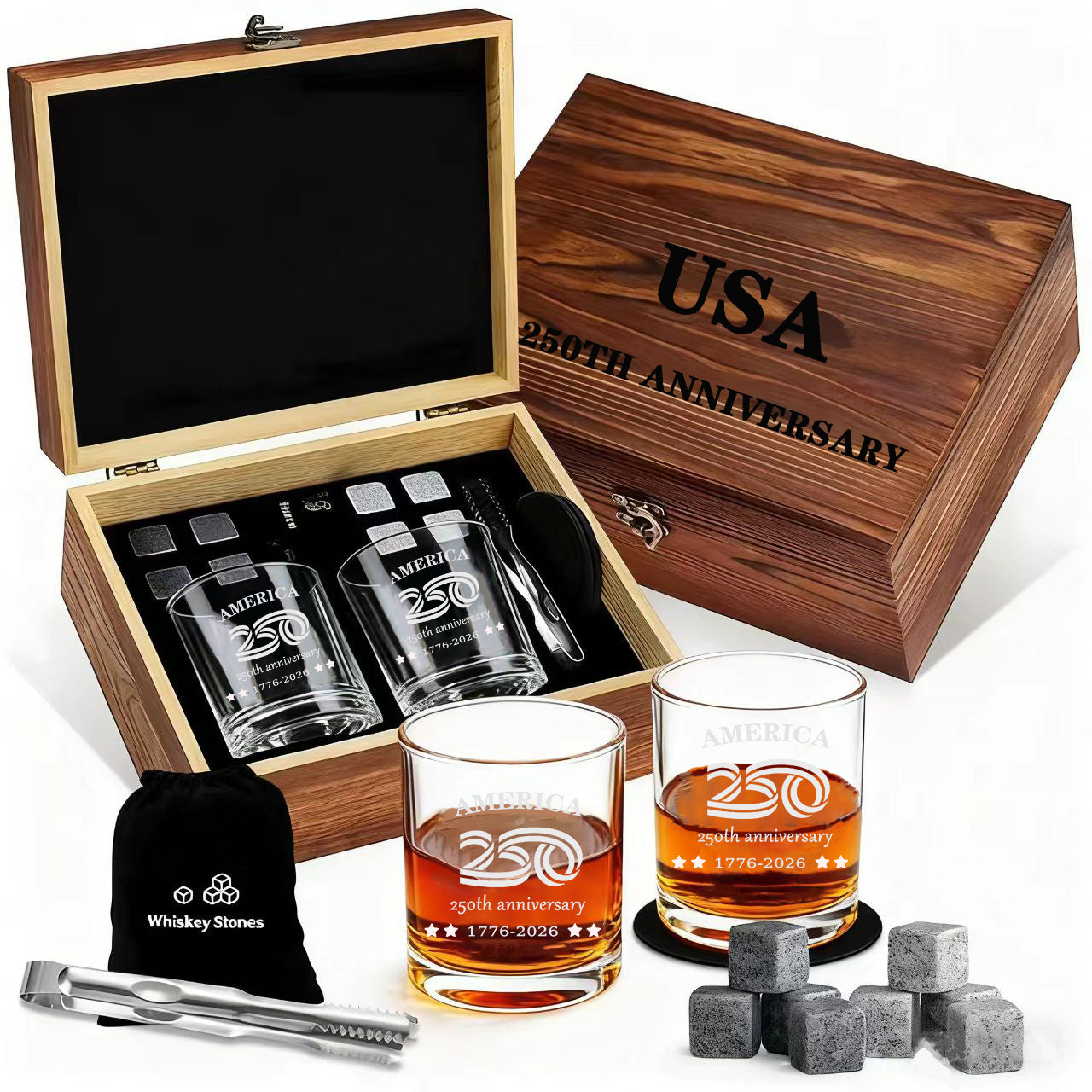 Gift Boxed USA 250TH 4 Star Anniversary Whiskey Glasses (2 Glasses and Ice Tongs and 8 Whiskey Stones )