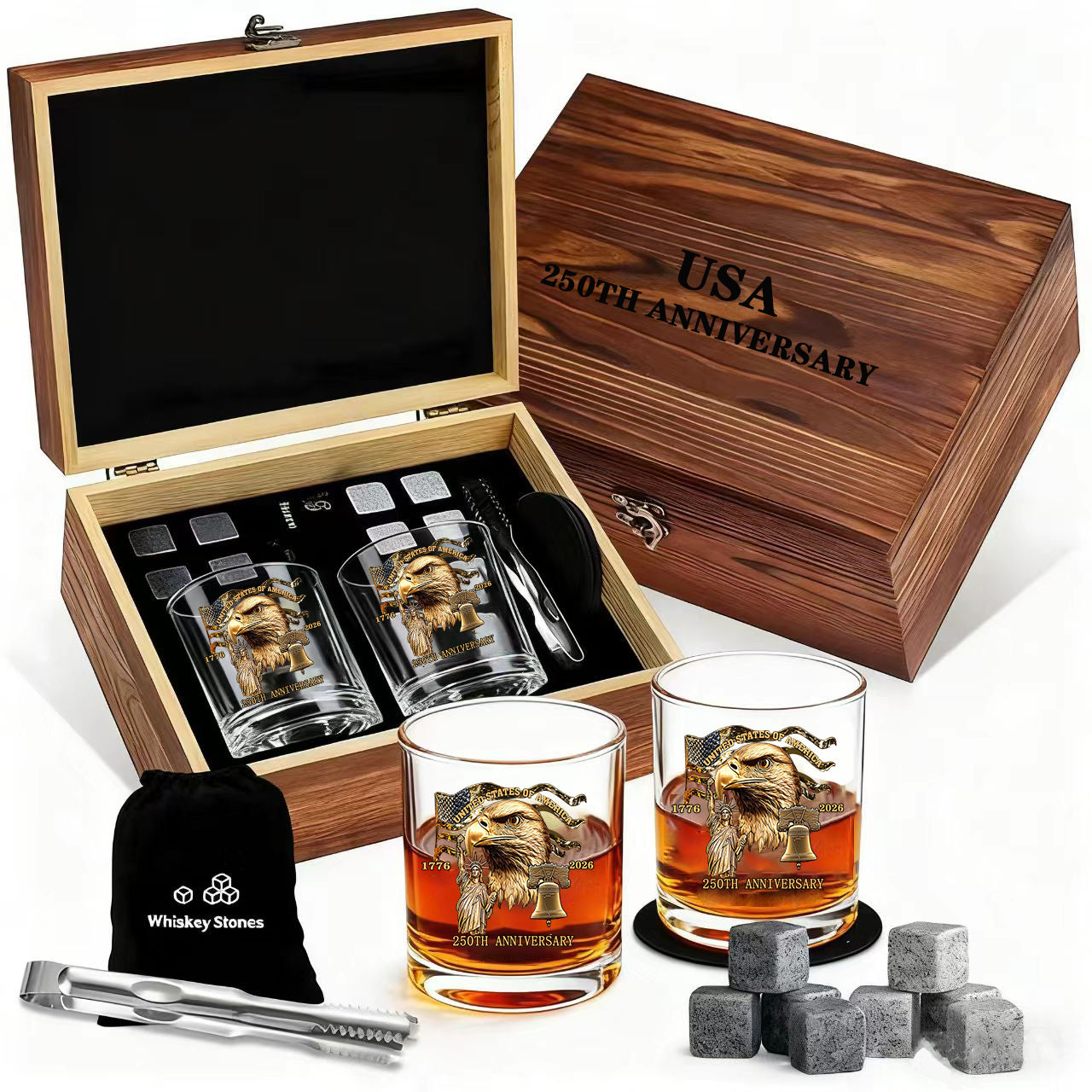Gift Boxed USA 250TH Anniversary Whiskey Glasses (2 Glasses and Ice Tongs and 8 Whiskey Stones )