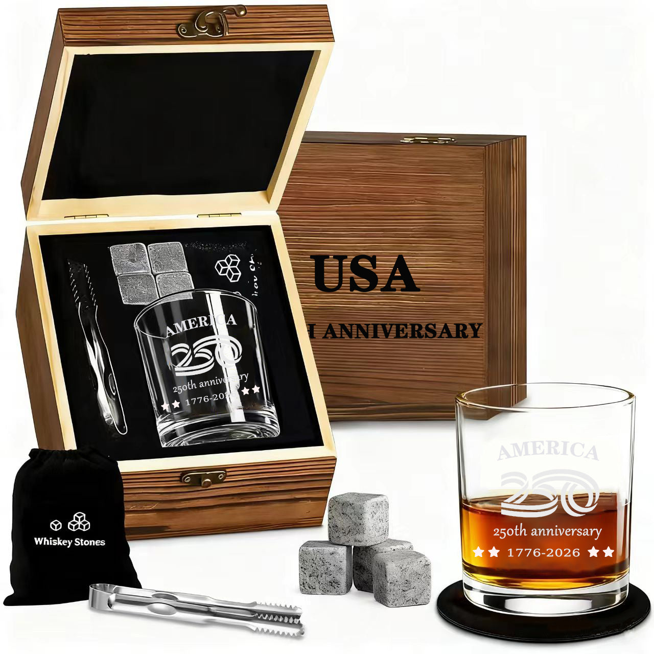 Gift Boxed USA 250TH 4 Star Anniversary Whiskey Glass (1 Glass and Stainless-Steel Ice Tongs and 4 Granite Whiskey Stones)