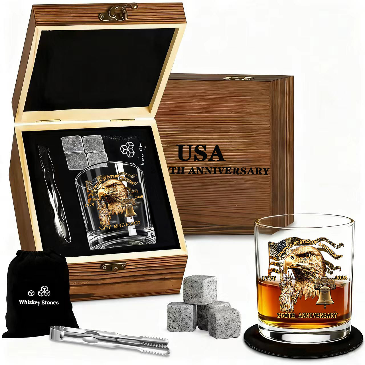 Gift Boxed USA 250TH Anniversary Whiskey Glass (1 Glass and Stainless-Steel Ice Tongs and 4 Granite Whiskey Stones)