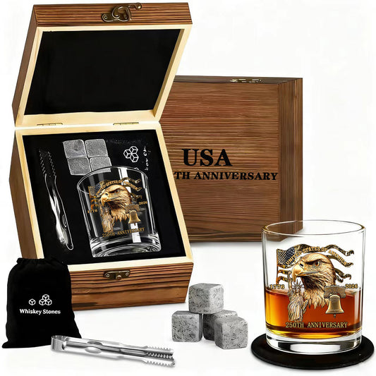 Gift Boxed USA 250TH Anniversary Whiskey Glass (1 Glass and Stainless-Steel Ice Tongs and 4 Granite Whiskey Stones)